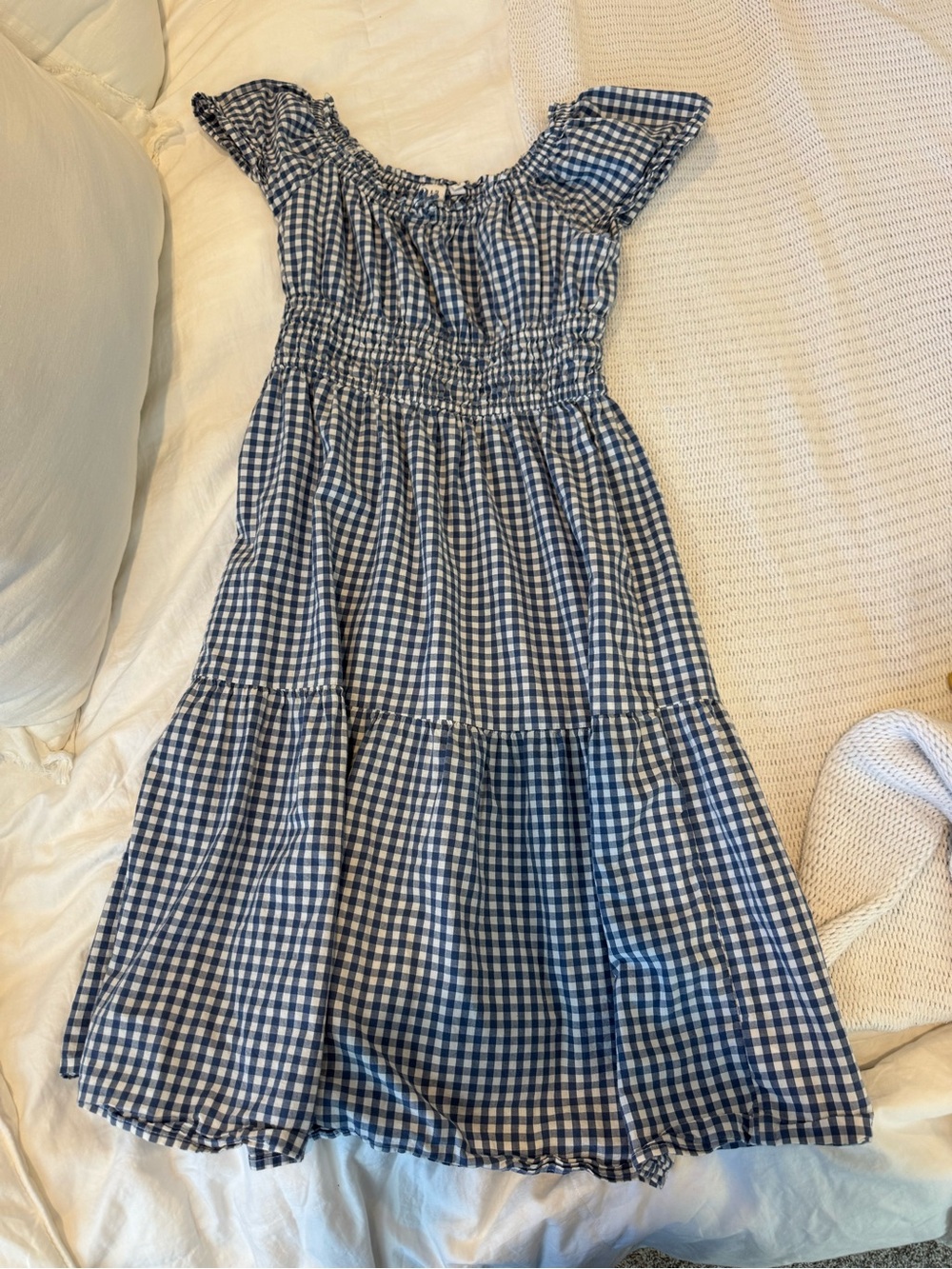 GAP Blue Gingham Smocked Tiered Dress